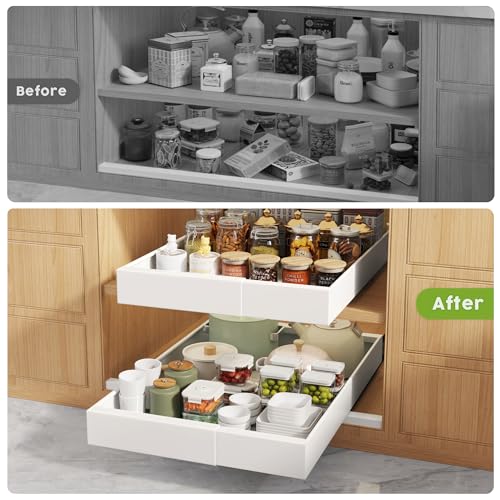 Seinloes 4 Pack Pull Out Cabinet Organizers 21" Deep With Raising Pad for Framed Cabinets, Expandable Width (9"-14") Slide Out Drawers Upgrade 3 Slide Rails, Roll Out Shelves Adhesive, White - color: White, size: 9"-14"Wide x 21"Deep(4 Pack)