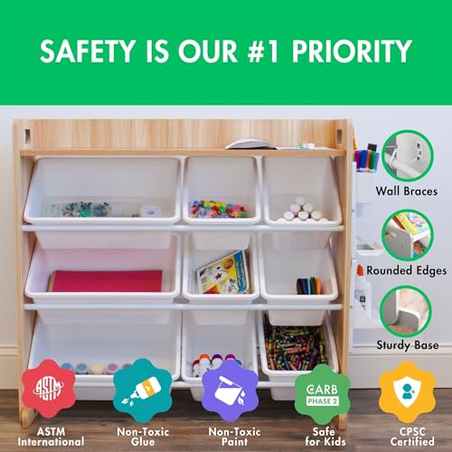 Humble Crew Toy Storage Organizer with 9 Removable Storage Bins for Kids Playroom, 3-Tier with Top Shelf Toddler Toy Organization, Natural/White - color: Natural/White