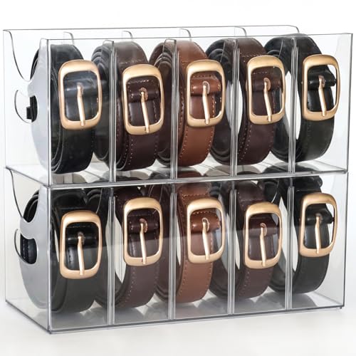 Belt Organizer - 2 Pack Clear Stackable Belt holder For Closet Drawer Storage - 5 Compartments with Removable Dividers, Multi-Purpose Display Bins With Inserts For Ties,Socks,underwear (2)