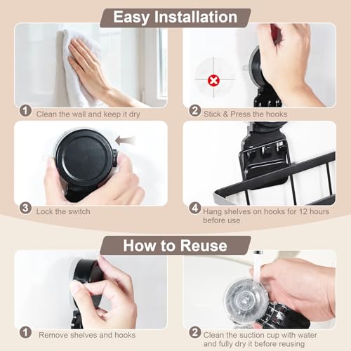 JOTPE Shower Caddy Suction Cup, Powerful Suction Storage Shelf Holds Up to 40 lbs, No Drilling Bathroom Organizer with Large Capacity, Removable & Reusable Shower Basket with Hooks, Rustproof, Black - size: Size: 1 x Medium