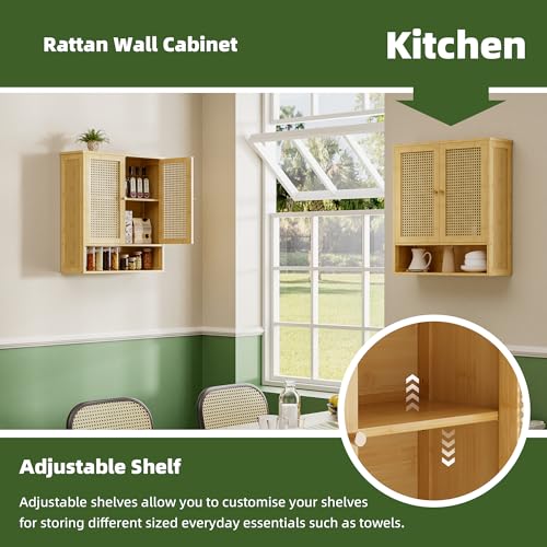 Bathroom Wall Cabinet, Bamboo Over-The-Toilet Storage Organizer with 2 Rattan Doors and Adjustable Shelf, Space Saver Medicine Cabinet for Laundry, Kitchen, Living Room (Natural) - color: Natural