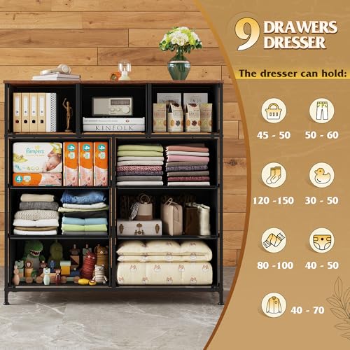 WLIVE 9 Drawer Dresser, Fabric Storage Tower for Bedroom, Hallway, Closet, Tall Chest Organizer Unit for Bedroom with Fabric Bins, Steel Frame, Wood Top, Easy Pull Handle, Black and Rustic Brown - color: Black and Rustic Brown