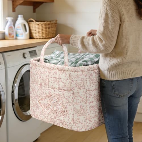 Quilted Fabric Basket Foldable Car Storage Boho Floral Laundry Basket Hamper for Nursery Bedroom & Living Room | Organize Clothes Toys - color: Dark Pink