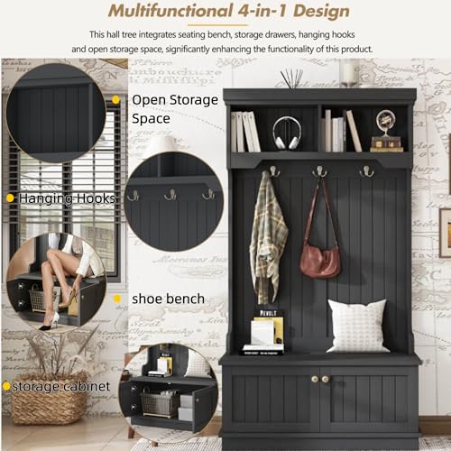 4-in-1 Entryway Hall Tree with Storage Shoe Bench, Coat Rack with Hooks, Open Shelves & Cabinet, Modern Organizer for Mudroom Hallway (Black) - color: Black