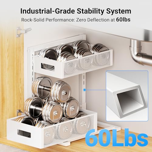 TISTAYA Pull-out Under Kitchen Sink Organizer, Metal Functional Under Sink Organizer, Height Adjustable Under Bathroom Sink Organizer, Under Sink Storage for Kitchen Bathroom Cabinet (White) - color: White, size: XL-1PC