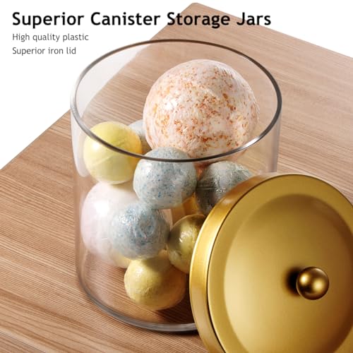 SheeChung 3-Pack Plastic Apothecary Jars with Gold Metal Lids - Large 50oz, 25oz & 15oz Clear Acrylic Storage Set - Shatterproof Modern Luxury Vanity & Home Organizer - Glam Decor - color: Gold, size: 50 oz & 25 oz & 15 oz
