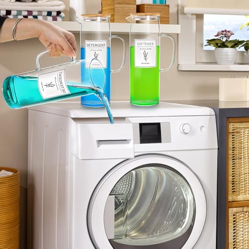 Noamus 2 Pack Laundry Detergent Dispenser Set, 50oz Fabric Softener Storage Bottle with Bamboo Lid Handle&12 Labels, Glass Liquid Detergent Container for Farmhouse Laundry Room Decor Organization