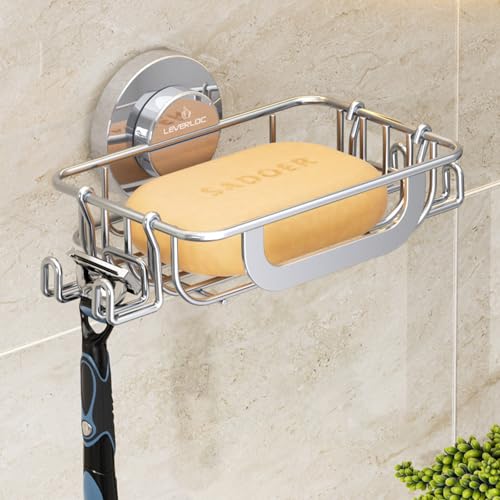 LEVERLOC Soap Holder Shower with Hooks, Bar Suction Cup Soap Dish Tray for Wall, Rust-Proof Stainless Steel Sponge Caddy for Bathroom Accessories Organizer Bathtub Kitchen Sink, Silver - style: 1 tier Silver