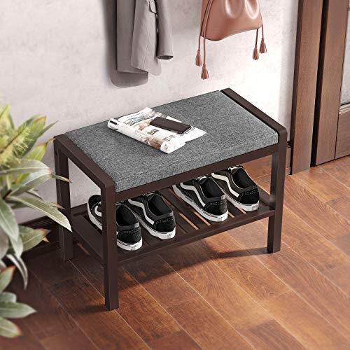 SONGMICS Shoe Rack Bench with Cushion Upholstered Padded Seat, Storage Shelf, Shoe Organizer, Holds Up to 350 lb, Ideal for Entryway Bedroom Living Room Hallway Garage Mud Room Gray and Brown ULBS65C - color: Gray + Brown