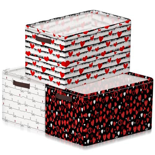 Geelin 3 Pcs Valentines Baskets Storage Valentine's Day Basket for Gifts Collapsible Waterproof Canvas Red White Black Heart Storage Bin Organizer with Handles for Book Closet Shelf Nursery Decor - style: Valentines Red White Black