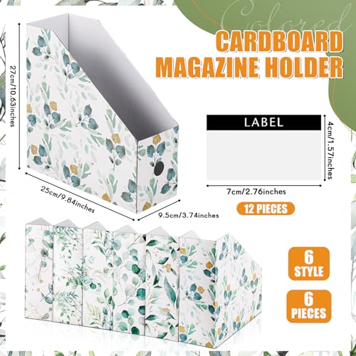 PerKoop 6 Pcs Decorative Magazine File Holders Floral Foldable File Folders Magazine Storage Boxes Rack Desk Organizer Documents with Printable Labels for School Office Home (Eucalyptus Leaves) - style: Eucalyptus Leaves