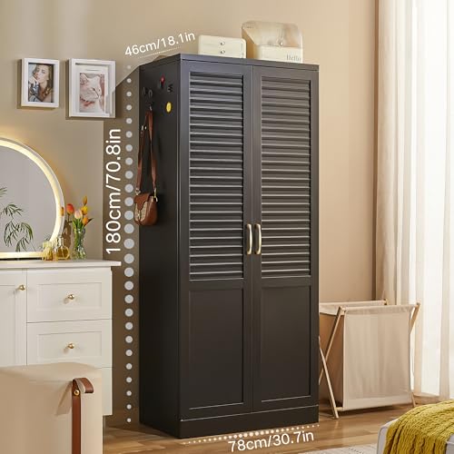71" Tall Metal Wardrobe Closet with Hanging Rod, Adjustable Shelves – Durable Steel Armoire for Home or Office - color: Urban Essential-black