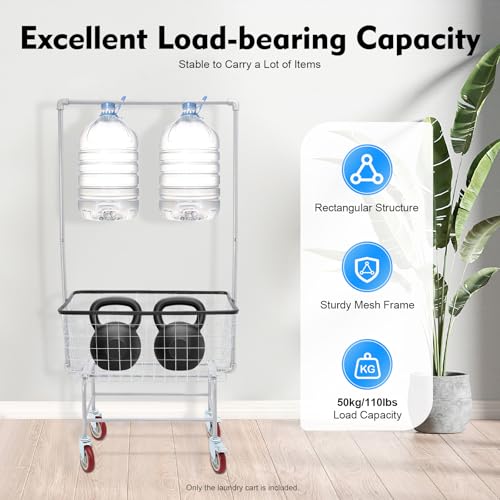 Commercial Laundry Rolling Cart with Wheels, 110 LBS Load Capacity Hamper Basket Organizer, Industrial Heavy Duty Wire with Double Pole Rack, Steel Frame with Chrome Finish, 27 * 22 * 67inch