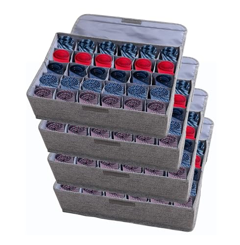 AARAINBOW 4 Packs Underwear Socks Ties Storage Organizer with Lids Foldable Closet Drawer Organizer 120 Cells, Fabric Wardrobe Divider Storage Boxes for Scarves and Lingerie (30 Cell, 4 Gray) - color: Gray, size: 4*30 Cells