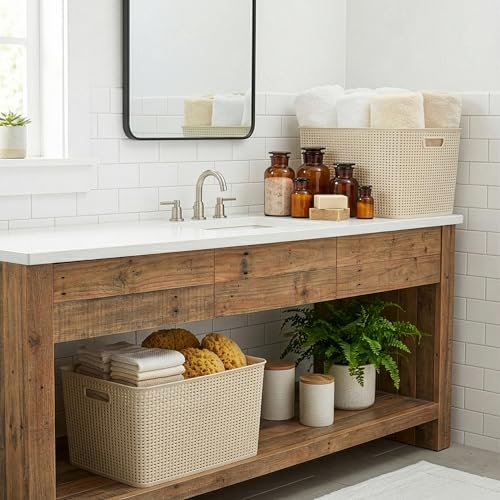 BINO | Plastic Storage Baskets, 45 Liter - 2 Pack, Natural | THE WOVEN COLLECTION | Storage Basket for Shelves | Woven Storage Baskets for Organizing Bins | Pantry Shelf Organizer | Container Bin - color: Natural, size: 45L | 2-Pack