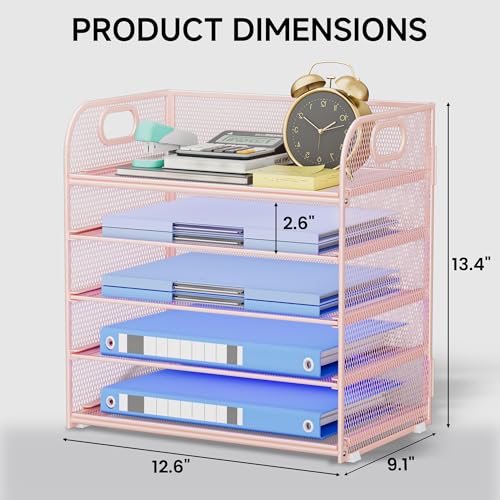 5-Tier Stackable Paper Organizer with Handle, Pink Metal Mesh Letter Tray | Stylish Desk File Sorter for Office, Home & Classroom Supplies - color: Pink, size: 12.6" x 9.1" x 13.4"