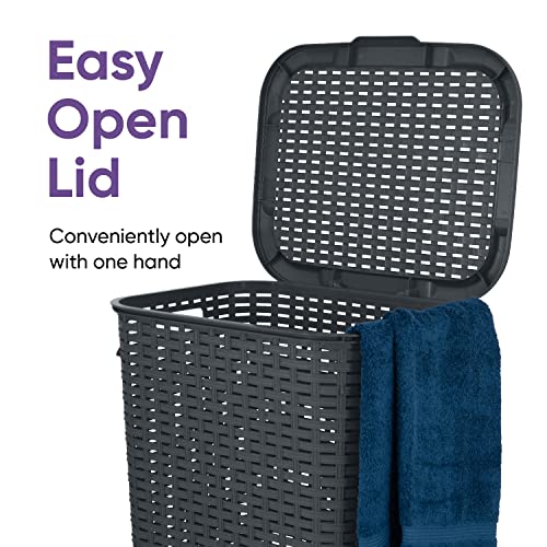 Plastic Laundry Hamper with Lid Laundry Hamper Basket, Grey Tall Cloths Hamper Organizer with Cut-out Handles. Space Saving for Laundry Room Bedroom Bathroom, Wicker Design 60 Liter - color: Grey, size: 1-pack