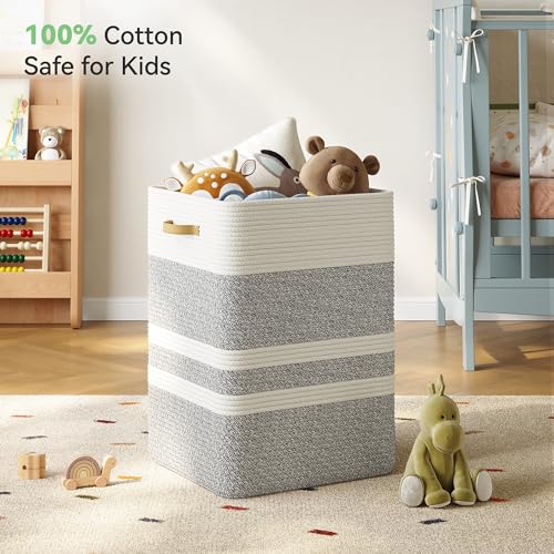 Nunsino 87L Laundry Hamper,Laundry Basket with Leather Handles,Woven Storage Basket for Toys,Pillows,Blankets,Clothes,Grey White - color: Grey&White, size: 87 L