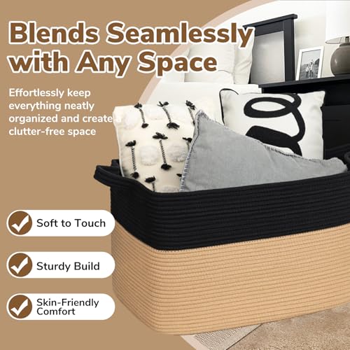 Goodpick 105L Extra Large Woven Blanket Basket Cotton Rope Storage Baskets for Organizing, Kids Toy Storage Organizer for Living Room Nursery, 25"x16"x16", Black & Jute - color: Black Camel, size: XX-Large(25"L x 16"W x 16"H)