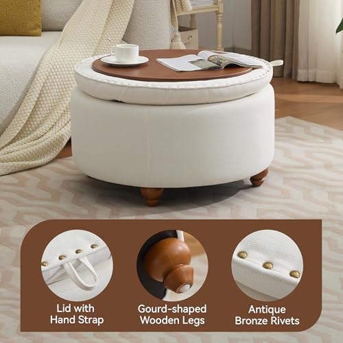 WUTUTUEE 30Inch Round Storage Ottoman with Tray, Modern Tufted Fabric Circle Coffee Table with Storage, Upholstered Ottoman with Removable Top for Living Room, Bedroom, Beige - color: Beige, size: 30 Inch
