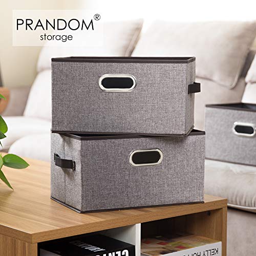 PRANDOM Large Foldable Storage Bins for Shelves [3-pack] Decorative Linen Fabric Storage Baskets Cubes with Leather/Metal Handles for Closet Nursery Office Grey and Black Trim (14.9x9.8x8.3 Inch) - color: Grey&black Trim, size: Large(3-Pack)
