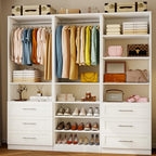 Closet System With 3 Sets, 6–16 Ft Closet Organizer System With 6 Drawers, Walk-In Closet With 9 Shelves & 5 Adjustable Hanging Rods, Customizable Modular Closet Kit, White