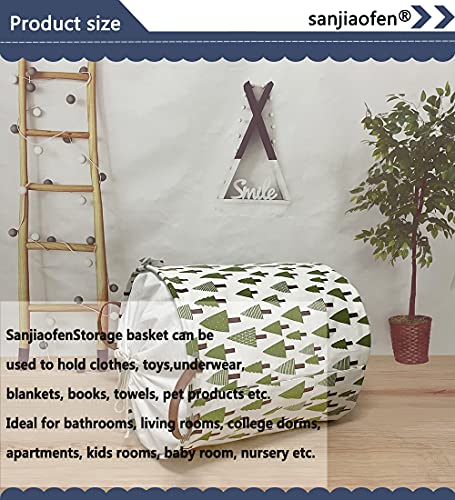 Nursery Laundry Basket Canvas Fabric Baby Boy Storage Bins,Collapsible Woodland Hamper,Waterproof Storage Baskets with Leather Handle,Forest Nursery Decor,Toy Organizer (Tree)