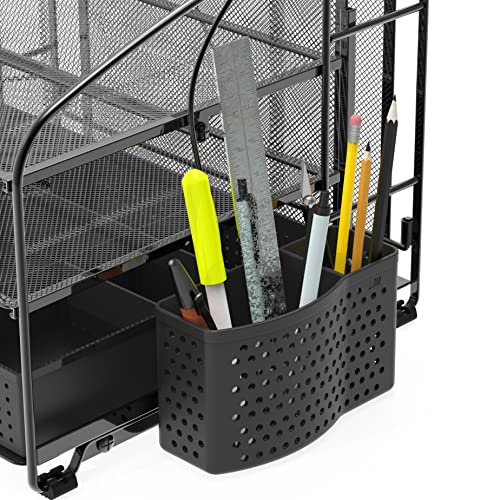 Simple Houseware 3-Tier Desk Organizer with Sliding Drawer, Hanging File Holder and Pen Holder Accessory, Black - color: Black, size: 1 Pack