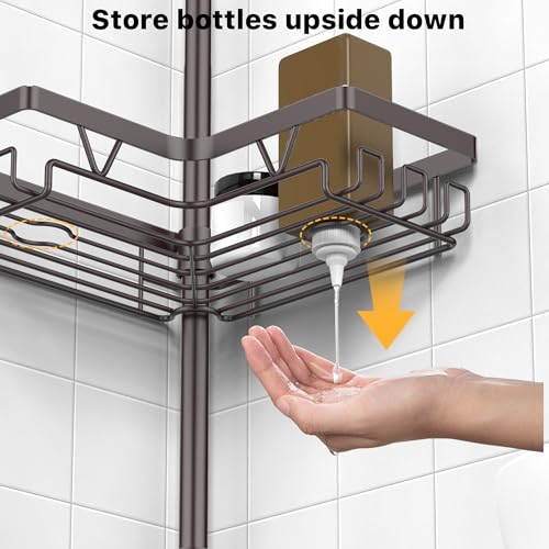 KEGII Shower Caddy Tension Pole with 2 Towel Bars, Adjustable Corner Bathroom Organizer, Rustproof Bathtub Storage Shelves for Shampoo, 25–114.2 Inch Shower Corner Rack for Renters & Family, Bronze - style: Tension Caddy & Towel Bar - Brown