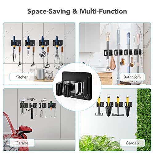 homeasy Mop Broom Holder No Drill, Mop Broom Organizer Wall Mounted Heavy Duty with Hooks Hanger, Self Adhesive Stainless Steel 4Pcs for Bathroom, Kitchen, Office (Multicolor) - color: Black Mix