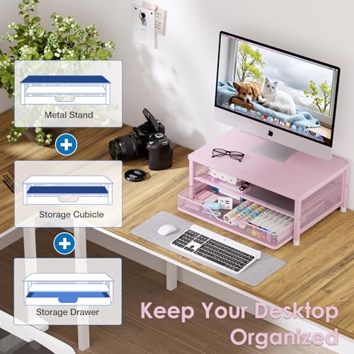OPNICE Computer Monitor Stand Riser, Desk Organizer with Drawer, Printer & Laptop Stand, Office Desk Accessories & Workspace Desktop Organizers Storage for Office Supplies(Pink) - color: Pink