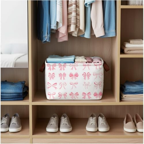 Pink Bow Decor Storage Basket Waterproof Canvas Toy Storage Bin Coquette Room Decor Collapsible Outdoor Basket with Leather Handles Pink Blanket Baskets For Closets,Bedrooms,Gifts Baskets - color: Pink Bow Decor