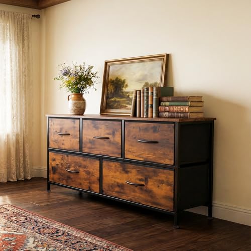 SHAWKEN Dresser for Bedroom with 5 Drawers,Fabric Dresser with One-Piece Steel Frame,Budget-Friendly Organizer for Closet, Hallway, Studio Apartment (Rustic Brown) - color: Rustic Brown