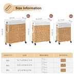 Rolling Laundry Hamper with Wheels, Slim Laundry Basket with Removable Liner Bag & 2 Mesh Bags, Handwoven Water Hyacinth Clothes Hamper for Bedroom Bathroom (Natural, 50L) - color: Natural/No Lid/50L