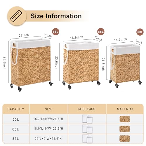 Rolling Laundry Hamper with Wheels, Slim Laundry Basket with Removable Liner Bag & 2 Mesh Bags, Handwoven Water Hyacinth Clothes Hamper for Bedroom Bathroom (Natural, 50L) - color: Natural/No Lid/50L
