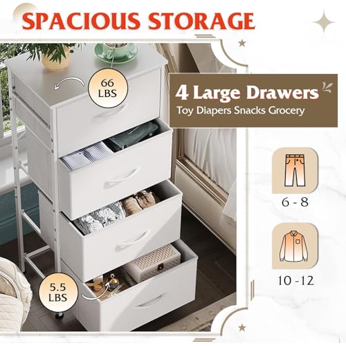 WLIVE Dresser with 4 Drawers, Storage Tower, Organizer Unit, Fabric Dresser for Bedroom, Hallway, Entryway, Closets, Sturdy Steel Frame, Wood Top, Easy Pull Handle, White - color: White
