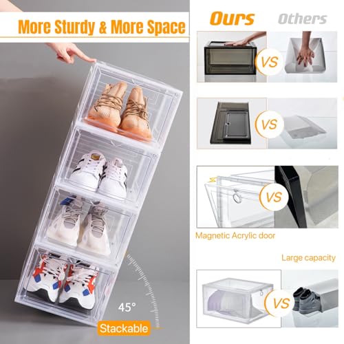 Attelite Shoe Box Organizer,Set of 6,Stackable Plastic Shoe Box with Clear Door, Shoe Storage Box Containers,For Display Sneakers,Easy Assembly,Fit up to US Size 12(13.4”x 10.6”x 7.4”) - color: Clear White, size: XL-6-pcs
