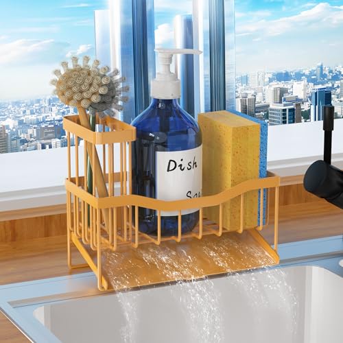 Fssvcd Maifan Sink Caddy Sponge Holder for Kitchen with Brush Holder and Stainless Steel Self Drain Tray, Rustproof Kitchen Sink Organizer for Sponge, Soap Dispenser Storage Accessories - color: Dark Gold Yellow