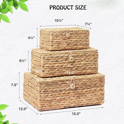 LUSYDECO Set of 3 Wicker Storage Baskets with Lid, Large Rectangular Rattan Basket Decorative Boxes, Natural Water Hyacinth Wicker Basket for Shelf Organizer, Nursery Room