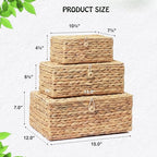 LUSYDECO Set of 3 Wicker Storage Baskets with Lid, Large Rectangular Rattan Basket Decorative Boxes, Natural Water Hyacinth Wicker Basket for Shelf Organizer, Nursery Room