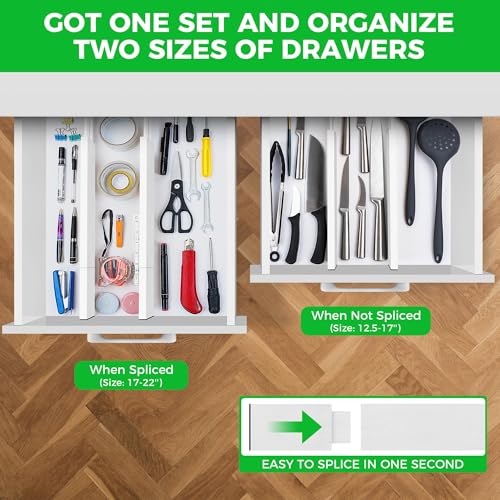 4 Pack Bamboo Kitchen Drawer Dividers with Inserts 2.6" High, Adjustable from 12.5 Inch to 21.7 Inch Drawer Organizers, Expandable Drawer Separators for Clothes, Bedroom, Dresser, Office (White) - color: White, size: 12.5-21.7 Inches