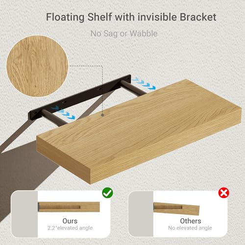 Vivelove Floating Shelves for Wall Mounted, 16 inchs Shelf for Small Bathroom, Bedroom, Living Room, Kitchen, Modern Home Decor, Rustic Farmhouse Wall Shelves with Invisible Brackets - Set of 2, Oak - color: Oak, size: 16”Wx6.7”Dx1.4”H