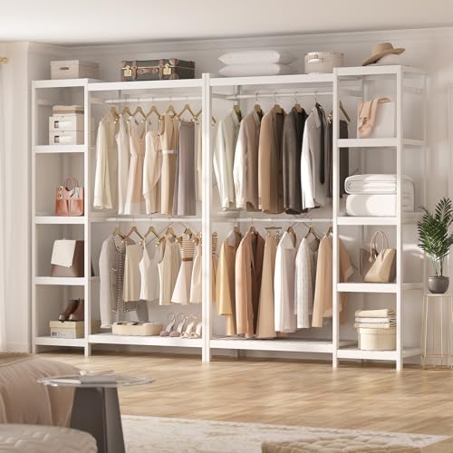 Homykic Bamboo Clothes Rack Garment Rack for Hanging Clothes, Heavy Duty Clothing Rack with 7 Tiers Adjustable Shelves, Double Rods, 4 Hooks, Freestanding Closet System Organizer Wardrobe, White - color: White, size: II Medium