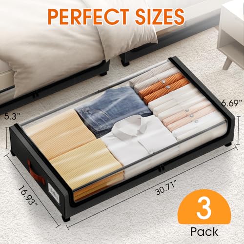 SpaceHacks Under Bed Storage with Wheels 3Pack Storage Containers with Clear Window&Label Under Bed Drawers Rolling Under Bed Storage for Clothes,Shoes, Blankets (30.71 x 16.93 x 6.69 in, Black) - color: Black, size: 3 pack