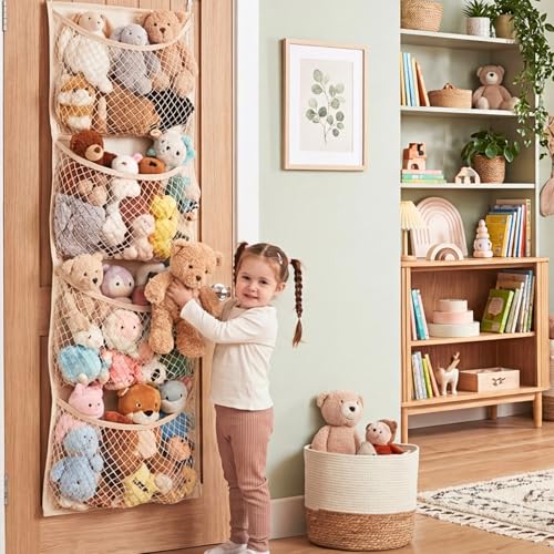 Over The Door Stuffed Animal Storage, Cotton Toy Organizer for Storage Plush Toys,Baby Supplies, Stuffed Animal Holder with 4 Large Pockets, Hanging Door Organizer for Nursery, Bedroom, Kids Room - color: Beige, size: Normal