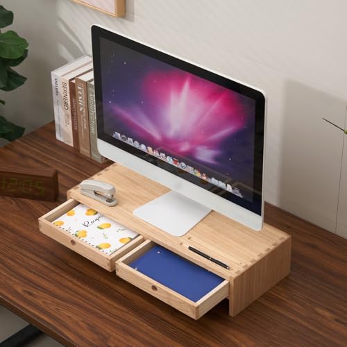 KIRIGEN Wood Monitor Stand with 2 Drawers, Solid Wood Computer Monitor Riser for Desk, Desktop Organizer Shelf with Cable Management, Pen Slots, Natural, No Assembly PMJ-NA - color: Natural