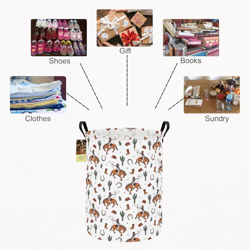 Collapsible Fabric Storage Basket, Waterproof Laundry Hamper with Handles, Round Storage Bin for Clothes Toys, Foldable Organizer for Bedroom Nursery Bathroom(Round-Cowboy) - color: Round-Cowboy