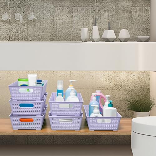 Tiawudi Stackable Woven Plastic Basket, Storage Bins for Cabinet, Closet, Shelf, Under Sink and Countertop, Pantry Organizer Bins, 6 Pack - color: Violet