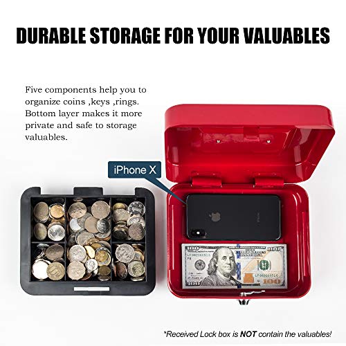 Kyodoled Medium Cash Box with Money Tray,Small Safe Lock Box with Key,Cash Drawer,7.87"x 6.30"x 3.54" Red Medium - color: Red, size: Medium