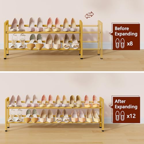 FAVOOSTY 2-Tier Expandable Shoe Rack, Adjustable Shoe Shelf Storage Organizer Space Saving Metal Free Standing Shoe Rack for Entryway Closet Doorway, Gold - color: Gold, size: 2 Tier